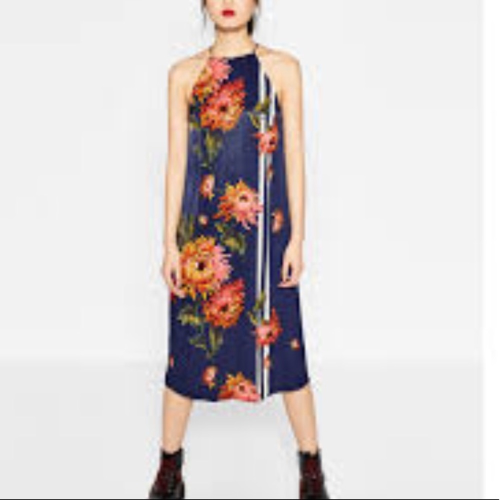 Zara Trafaluc navy silk floral dress